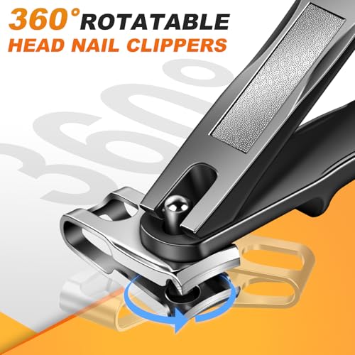 Toenail Clippers for Thick Toenails, Angled Head Toe Nail Clippers with Catcher, 360° Rotating Nail Clippers for Men, 37mm Wide Opening Nail Cutter for Ingrown Toenails, 5PCS Seniors Foot Repair Set