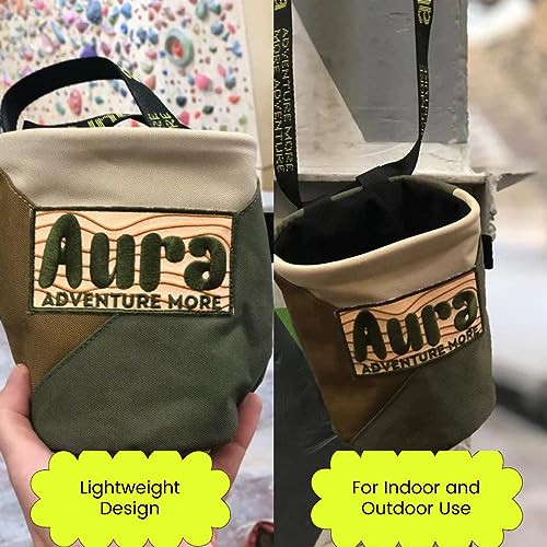 Aura Rock Climbing Chalk Bag – Bouldering Chalk Bag with Fleece Liner, Drawstring Closure & Brush Holder – Adjustable Belt Included – Gym, Weightlifting, Crossfit & Gymnastics