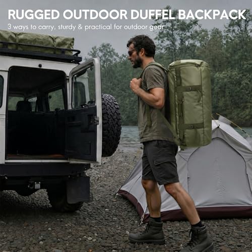 Haimont Heavy Duty Convertible Travel Duffel Backpack, Army Green, 90L | Shoe Compartment, Water-Resistant Tarpaulin, Wide U-Shaped Opening - color: Green, size: 90L