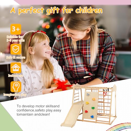 8-in-1 Wooden Indoor Jungle Gym for Toddlers, Montessori Climbing Playset with Slide, Swing, Climbing Net, Rings, Monkey Bars – Indoor Playground for Kids Ages 3-8 - size: 8-in-1