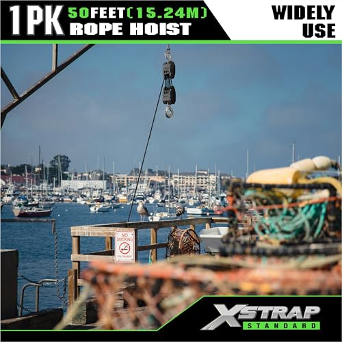XSTRAP STANDARD Heavy-Duty Block and Tackle Pulley System, 1000 LB Working Load, 2000 LB Break Strength, 50 FT Rope Hoist with 2 Soft Loops for Garage, Hunting & DIY Attic Lift, Black - color: 50 Ft+Black+2 Soft Loops