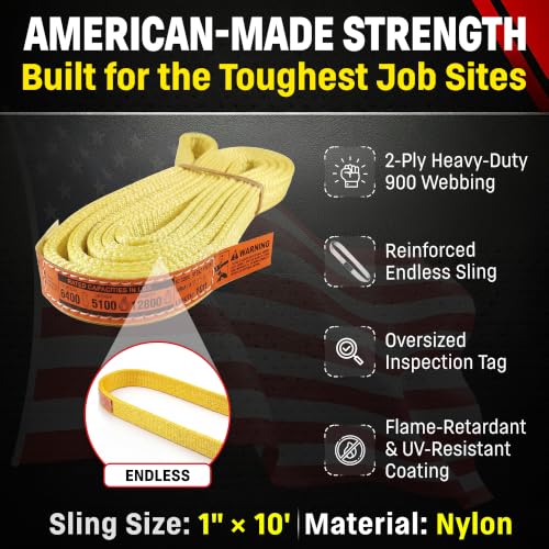 DD Sling 1" x 10' Nylon Endless Lifting Sling – USA Made | 6,400 lb Vertical, 5,100 lb Choker, 12,800 lb Basket – 2 Ply Heavy Duty 900 Webbing, Type 5 Endless Rigging Sling - size: 1"x10'