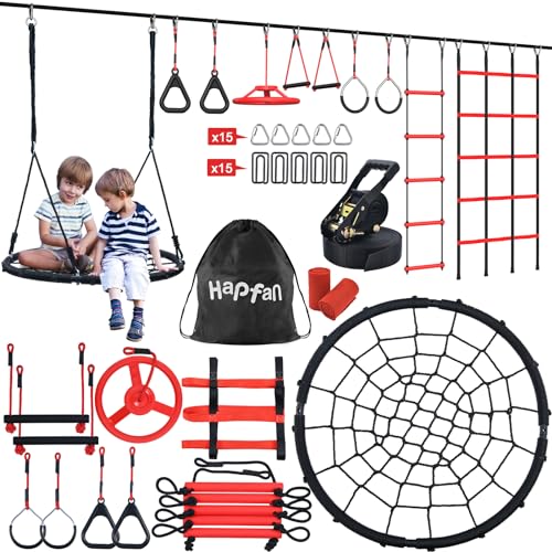 50 ft Ninja Warrior Obstacle Course for Kids with Spider Tree Swing | Slackline Swing Set Jungle Gym Between Trees – Adjustable, Weatherproof Obstacles, 880lbs Capacity