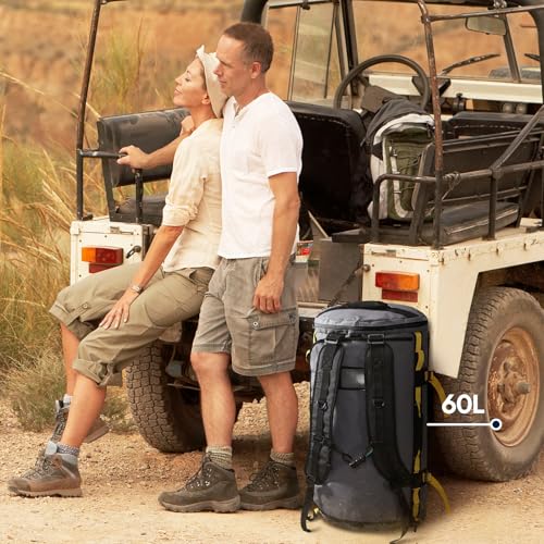 Haimont Heavy Duty Convertible Travel Duffel Backpack, Grey, 45L | Shoe Compartment, Water-Resistant Tarpaulin, Wide U-Shaped Opening - color: Grey, size: 60L