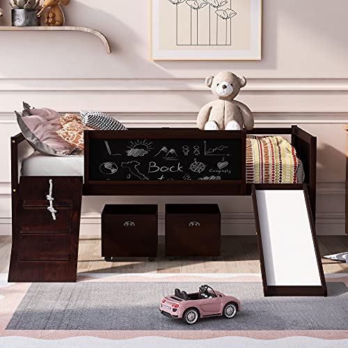 Twin Size Low Loft Bed with Climbing Rope and Double-Sided Chalkboard, Kid's Play Bed with Two Toy Storage Boxes for Bedroom (Espresso)