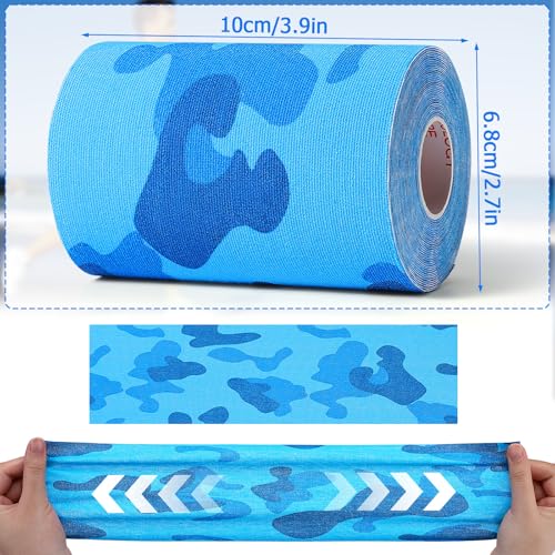 Wide Kinesiology Tape, 3 Pack, 4in x 5.5yd, Waterproof Blue Camo | Waterproof & Sweat-Resistant, Breathable Latex-Free Cotton, For Shoulder, Knee, Fit Sports, Workouts & Active Training - color: Blue 4in