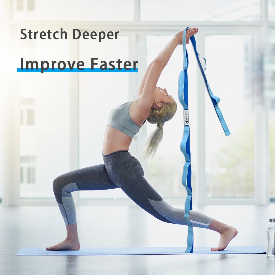 Stretching Strap Yoga Strap with Loops, Stretch Straps for Physical Therapy, Non-Elastic Exercise Strap for Pilates, Dance and Gymnastics with Workout Guide - color: Light Blue