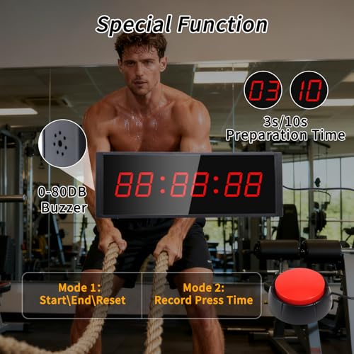 Gym Timer Clock with Start/Stop Button,12/24H Digital Wall Clock with Remote Control, Countup, Countdown, Stopwatch, Workout Timer for Home Gym Garage