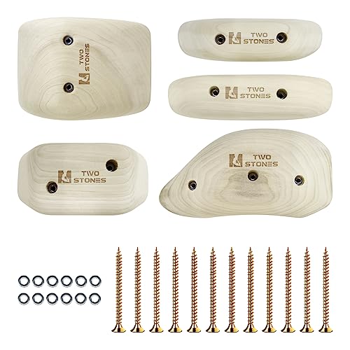 TWO STONES Wooden Rock Climbing Holds for Adults | Wood Rock Wall Climbing Holds | Variety Screw On Climbing Hold Grips Set with Mounting Hardware (HD5in1-B)