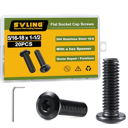 5/16-18 x 1-1/2" Bolt, 20PCS Flat Head Hex Socket Cap Screws Bolts, 304 Stainless Steel 18-8, Fully Threaded, Black Zinc Finish, with Hex Spanner - color: Black, size: 5/16-18 x 1-1/2