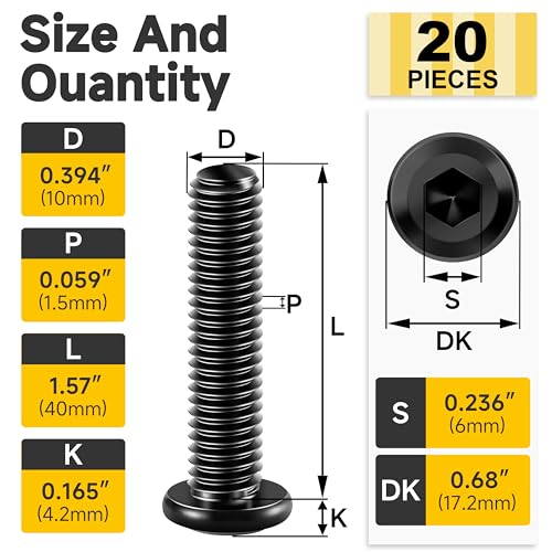 Mywish M10 x 40mm 20Pcs Flat Head Hex Socket Cap Screws Bolts, 304 Stainless Steel Furniture Bolts Full Thread & Hex Spanner, Black Oxide - color: Black-M10, size: 40mm
