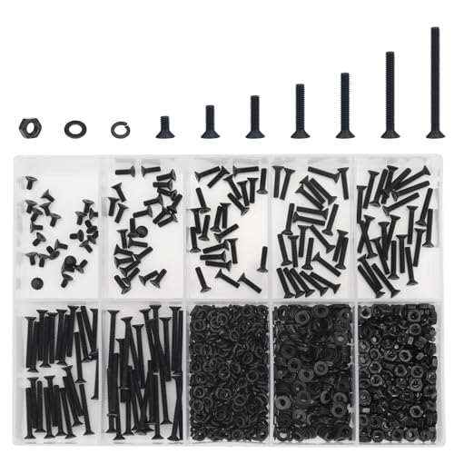 DYWISHKEY 566 Pieces M2 Black Screws, 10.9 Grade Alloy Steel M2x 4/6 /8/10 /12/16 /20mm Countersunk Head Socket Cap Screws Bolts Nuts Washers Assortment Kit - size: M2, style: Countersunk Head Socket Cap