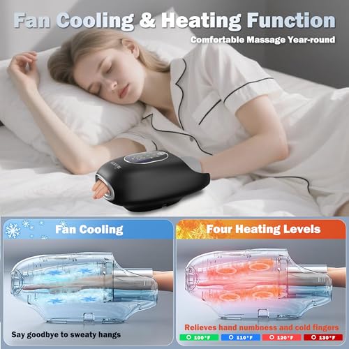Hand Massager with Heat and Compression for Arthritis and Carpal Tunnel Relief, Finger Wrist Massager with 9 Modes & Hot Cold Therapy, Gifts for Women Men, Black - color: Black