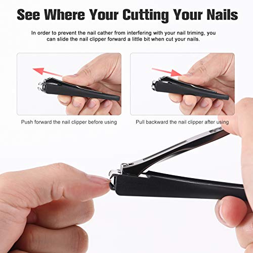 FERYES Nail Clippers with Catcher 2 PCS Set, No Splash Fingernail Clipper and Toenail Clipper, Stainless Steel Nail Cutters - W/Black Metal Case Packing - color: Black 2pcs