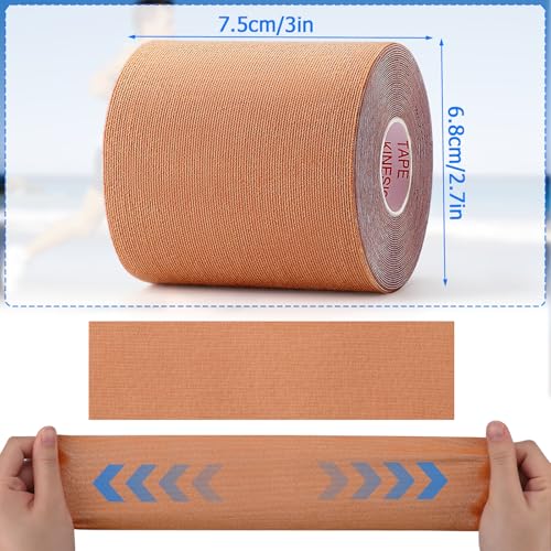 3 Rolls Kinesiology Tape, Waterproof, 3in x 5.5yd, Beige | Waterproof & Sweat-Resistant, Breathable Latex-Free Cotton, For Shoulder, Knee, Fit Sports, Workouts & Active Training - color: Beige 3in
