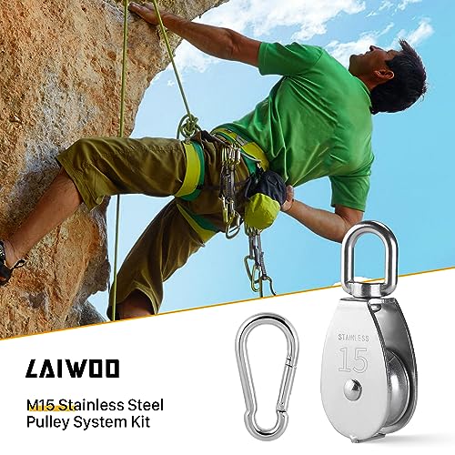LAIWOO M15 Heavy Duty Stainless Steel Pulley Block, Rope and Hooks, 2 Pack | Includes eye pad plate and line cleat, corrosion resistant, for lifting, DIY and clothesline - size: M15