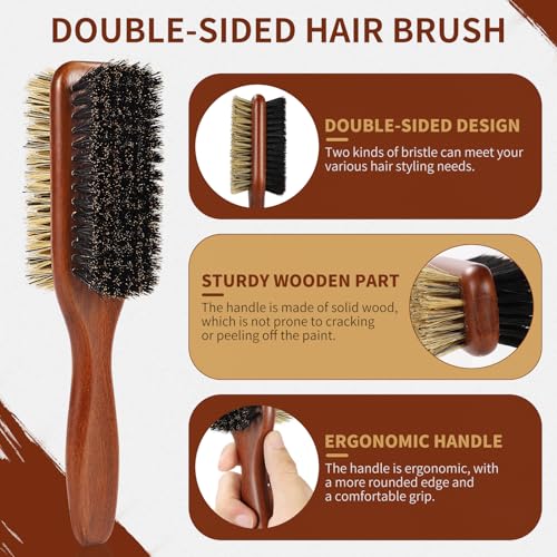 Boar Bristle Hair Brush for Men and Women, Double Side Slick Back Hair Brush with Medium & Firm Bristle, Sturdy Men's Brush for Waves, Fades, Slick Back Style (Brown) - color: Brown