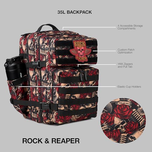 WOLFpak 35L Athletic Gym Backpack - Durable 1000D Waterproof Oxford Material with MOLLE Webbing, Laptop Pocket - color: Rock & Reaper