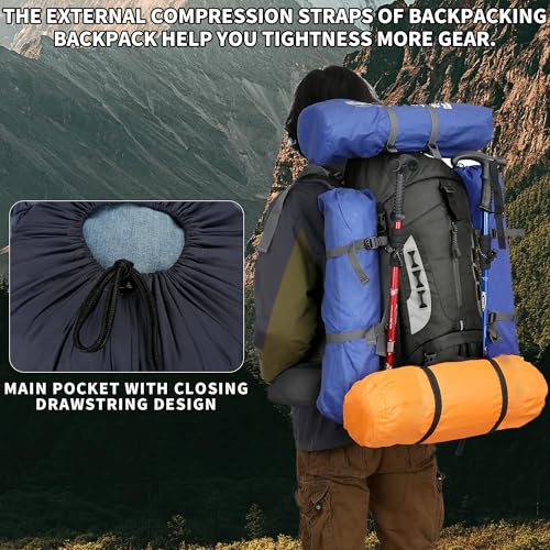 75L Hiking Backpack with Rain Cover Waterproof Camping Backpack Shoes Warehouse for Men Women, Frameless - color: Black, size: 60L