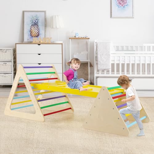 HONEY JOY Pikler Triangle Set, 5 in 1 Montessori Wooden Triangle Climber w/ 2 Stackable Ladders & Climbing Ramp, 3-Piece Baby Indoor Playground Jungle Gym, Climbing Toy for Toddlers, Colorful - style: 5 In 1 Yellow