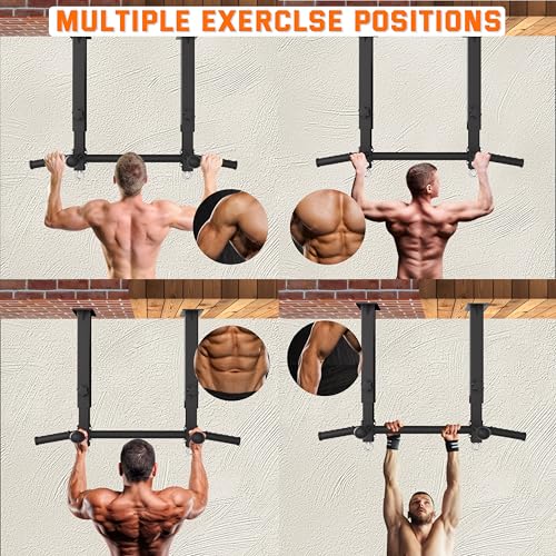 Ceiling Mount Pull Up Bar - 800 LBS Heavy Duty Adjustable Height Chin Up Bar with Ball Grips & TRX Anchors, Multi-Grip Overhead Workout Station for Garage, Basement & Home Gym