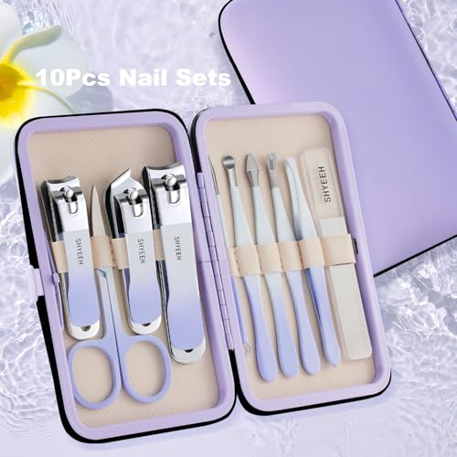 Manicure Set, 10 pcs High-Carbon Steel Nail Clippers Set, Portable Mini Manicure and Pedicure Kit, Travel Grooming Nail Kit with Leather Bag for Men and Women - color: Purple