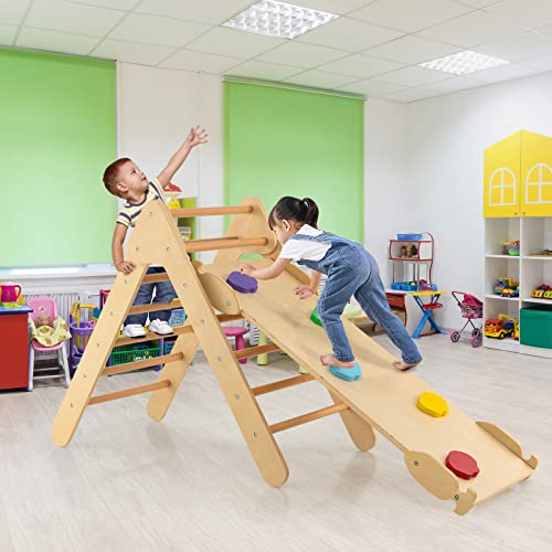 OLAKIDS Pikler Triangle Set 3 in 1 Climbing Toys for Toddlers Wood Montessori Baby Jungle Gym with Ramp Ladder Slide Kids Indoor Playground Activity Play Structure - color: Wooden