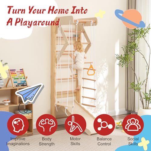 Wooden Indoor Jungle Gym 6-in-1 Playground Climbing Toys for Kids Ages 2-6, Climbing Playset Wall Ladder, Pull-Up Bar, Rope Ladder, and Gymnastic Rings, Supports 242 lbs (6-in-1) - size: 6-in-1