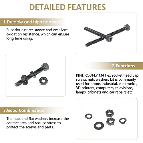 202 Pieces Black M4 x 30/35 /40/45 /50 mm Hex Socket Head Cap Screws Nuts Washers Assortment Kit, 12.9 Grade Alloy Steel - size: M4 x 30/35/40/45/50mm, style: Socket Head