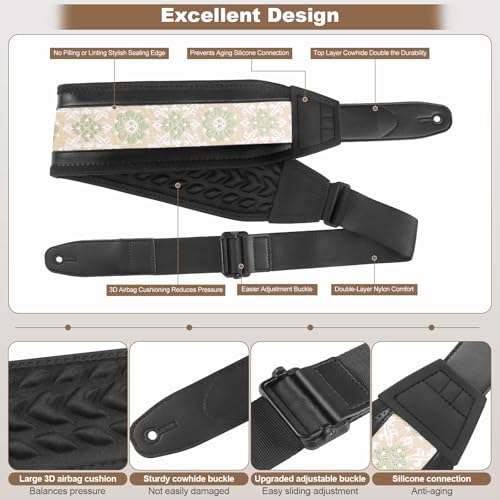 Bass Guitar Strap, Jacquard Embroidery Guitar Strap with Head Cowhide Leather End for Bass, Electric & Acoustic Guitars, Comes with Complete Accessories, Comfortable and Intimate, Elegant Green Flower - color: Elegant Green Flowers