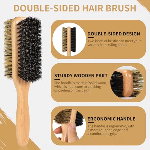 Boar Bristle Hair Brush for Men and Women, Double Side Slick Back Hair Brush with Medium & Firm Bristle, Sturdy Boar Bristle Brush for Waves, Fades, Slick Back Style (Yellow) - color: Yellow