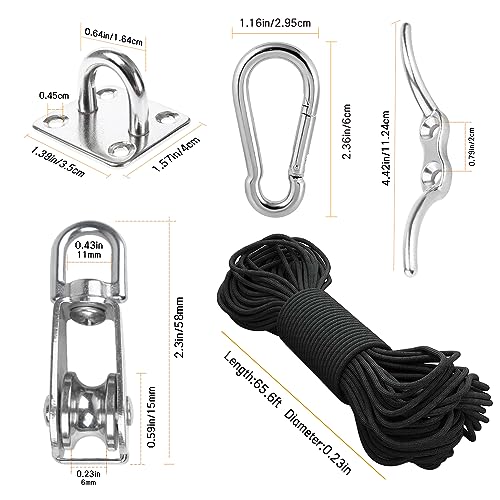 LAIWOO M15 Heavy Duty Stainless Steel Pulley Block, Rope and Hooks, 2 Pack | Includes eye pad plate and line cleat, corrosion resistant, for lifting, DIY and clothesline - size: M15