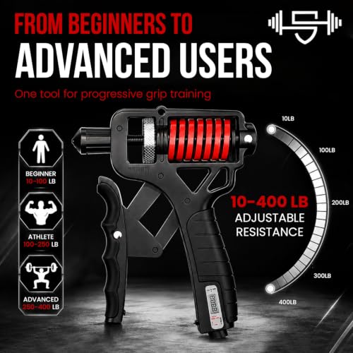 Adjustable 15–400 lb Electronic Grip Strength Trainer – Alloy Frame, Titanium-Plated Steel, TPR Non-Slip Handles - color: Black