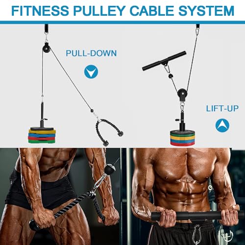 Cable Pulley System for Home Gym, Silent 360° Rotation Nylon Pulley Wheel with Detachable Traction Block LAT Pulldown & Weight Lifting Attachment for Strength Training Workouts - color: Cable Pulley Set (Pulley, 79in Cable, Strap, 2 Buckles)