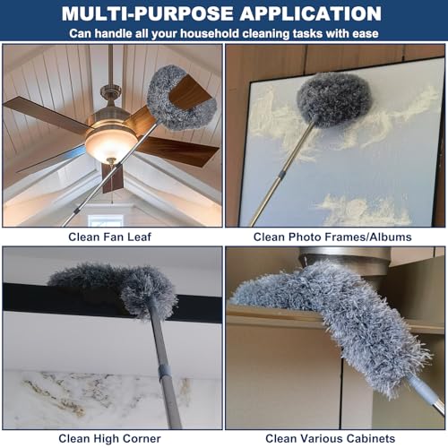 20+ Ft High Reach Ceiling Fan Duster &Microfiber Feather Brush Duster with 3-14 ft Spliceable Pole Microfiber Feather Duster for Spider Web, High Ceiling, Blinds, Furniture Cleaning Tool Kit