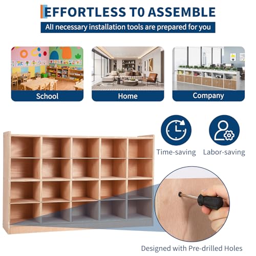 Garvee Mobile Storage Cabinet,Storage Block Cubby with 5 Anti-Flip Fittings, 4 Castors and 2 Boxes for Home, School, Kindergarten, Natural - size: 20 Cubbies