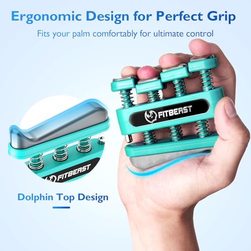 FitBeast Finger Strengthener, Finger Exerciser, Hand Exerciser for Improve Dexterity and Strength in Fingers, Hands, Forearms–Grip Strength Trainer for Musicians, Climbers - color: 4 Piece Set -Pink Light Blue Grey Black