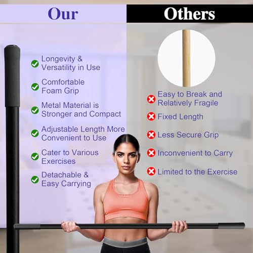 5ft Yoga Stick - Heavy-Duty Steel Adjustable Mobility Stick for Exercise, Stretching, Balance - Versatile Exercise Stick with Resistance Bands for Fitness, Rehabilitation and Warm Up