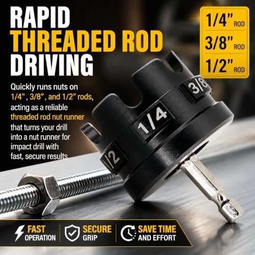 Universal Threaded Rod Nut Runner, Aluminum Alloy Nut Zipper Drill Attachment for Fast Nut and Bolt Removal, All Thread Nut Driver for 1/4, 3/8, 1/2 Inch Threaded Rods, Conduit Racks and Strut Systems - color: Black2