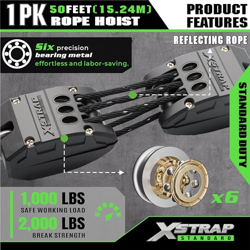 XSTRAP STANDARD 50FT Reflective Rope Hoist Pulley Block & Tackle 5:1 System | 1000 LB Working Load, 2000 LB Break Strength, 50 FT Rope Hoist with 2 Soft Loops for Garage, Hunting & DIY Attic Lift - color: Reflective Black