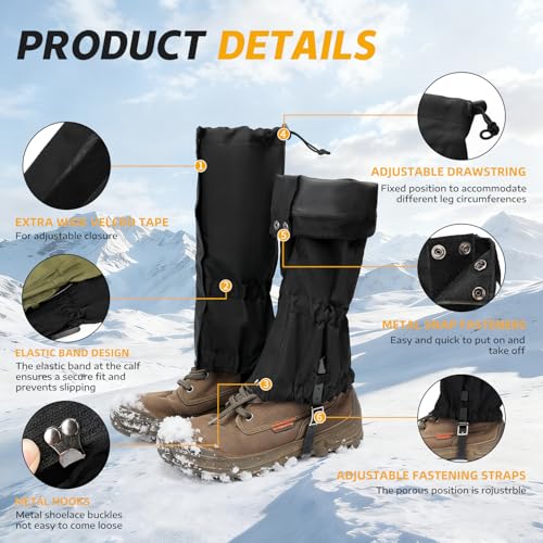 Adjustable Leg Gaiters, Waterproof Snow Boot Gaiters for Men Women with Hiking, Walking, Hunting, Snowshoeing, Climbing