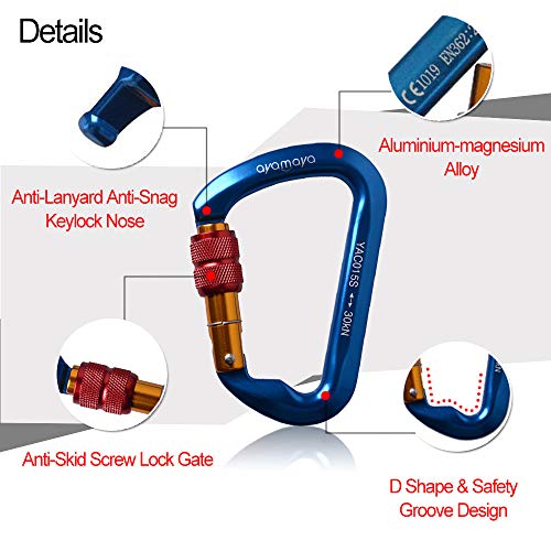Ayamaya Climbing Carabiners - 3 Pack Screwgate Locking Carabiner 30KN (6744 lbs) Heavy Duty Gears for Rock Climbing, Rappelling, Swing Rescue & Gym, Large D-Shaped Carabiners - color: Blue