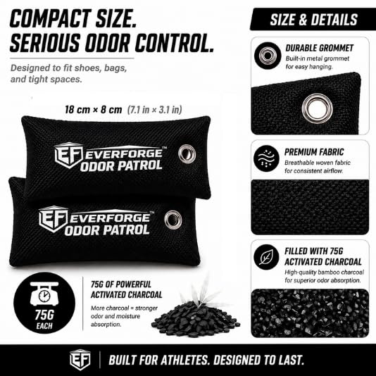 EverForge Odor Patrol Charcoal Deodorizer Bags, Natural Odor Absorber for Shoes & Sneakers, Gym Bags, Lockers, Sports Gear, & Cars, Activated Charcoal, 2-Pack, Unscented