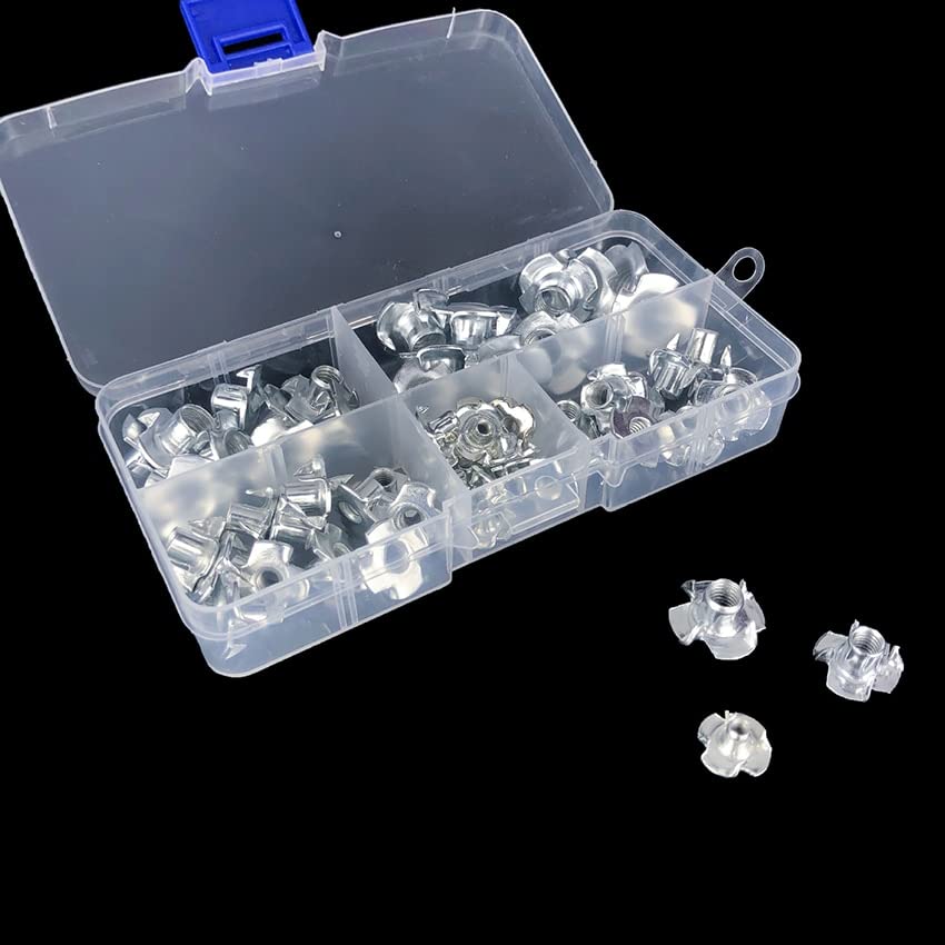 90PCS/Set T-Nuts Four Pronged T Nut M3 M4 M5 M6 M8 for Wood, Rock Climbing Holds, Cabinetry, with Storage Box, Zinc Plated Steel