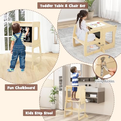 HONEY JOY 7 in 1 Climbing Toys for Toddlers, Convertible Kids Step Stool/Table & Chair/Chalkboard, Folding Triangle Climber w/Ramp, Montessori Kitchen Stool Tower for Learning w/Safety Rail (Colorful)