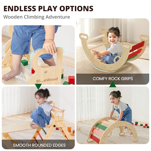 BlueWood Pikler Triangle Set, Toddler Climbing Toys Indoor 7in1 Foldable | Wooden Climber for Kids, Montessori Philosophy Play Jungle Gym with Arch, Ramp, Ladder (Warm Winter Christmas) - color: Warm Winter Christmas