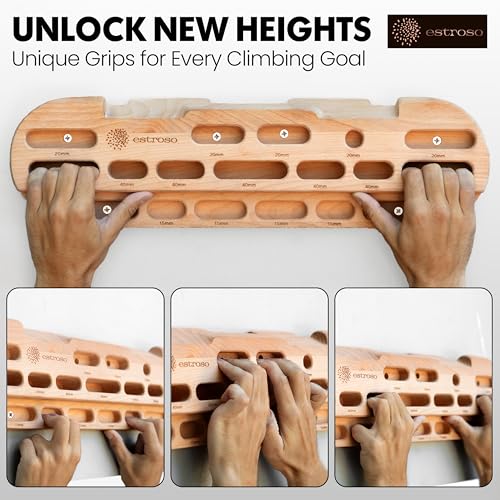 ESTROSO Wooden Hangboard - Training Hang Board with Adjustable Grip Depths, Grip Strengthener, Forearm Exerciser, Pull Ups - Climbing Fingerboard with Installation Kit