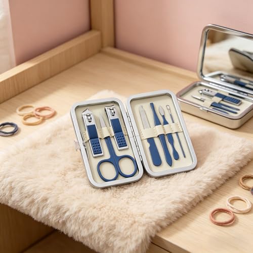 Luxury 7-in-1 Professional Manicure Set - Premium Stainless Steel Nail Clippers & Grooming Kit with Elegant Leather Travel Case - D.Blue - color: Dark Blue, size: 7PCS