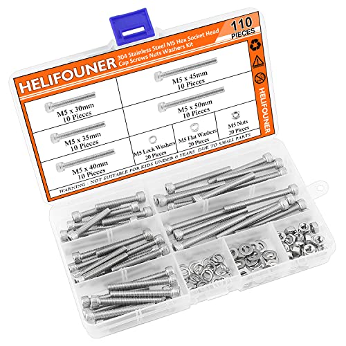 HELIFOUNER 110 Pieces M5 x 30mm /35mm /40mm /45mm /50mm, Hex Socket Head Cap Metric Screws Bolts Washers Nuts Kit, 304 Stainless Steel - size: M5 x 30/35/40/45/50mm