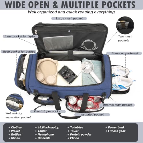 50L Tactical Gym Bag for Men and Women with Shoe & Laptop Compartment | Extra Large Duffle Bag, 3-in-1 Travel Sports Duffel Bags MOLLE Weekender Overnight Bag for Gym, Travel, Black+ Blue - color: Black+Blue